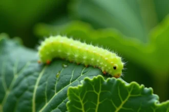 Petite chenille verte sur une feuille de chou dans un potager, vue en macro avec détails de texture