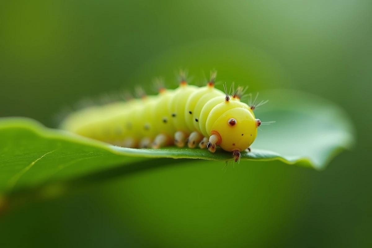 Chenille verte et jaune sur une feuille verte dans un jardin, vue rapprochée montrant les détails du corps et des pattes