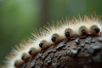 Chenilles processionnaires du pin en file indienne sur l'écorce d'un arbre dans une forêt de pins, vue macro détaillée