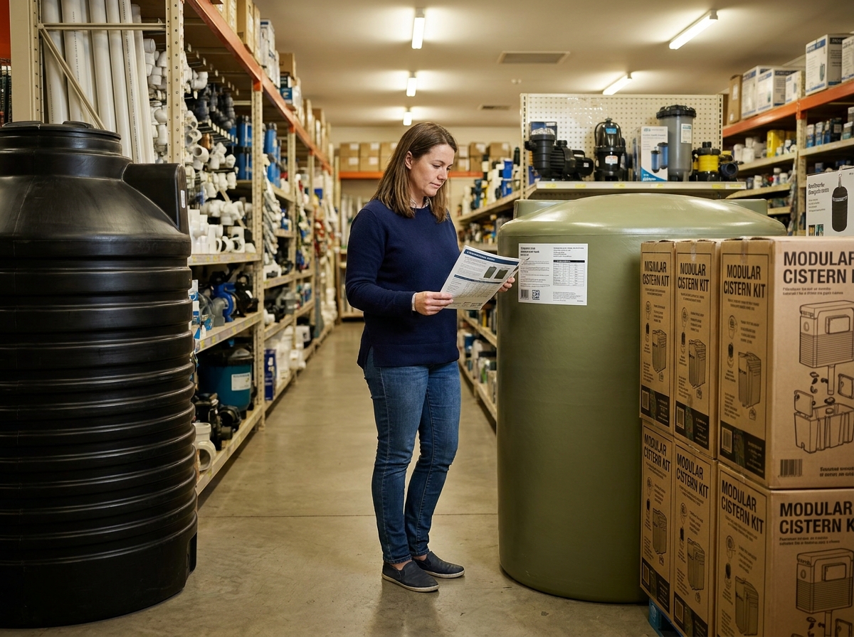 Femme comparant différents modèles de cuves enterrées dans un magasin de bricolage