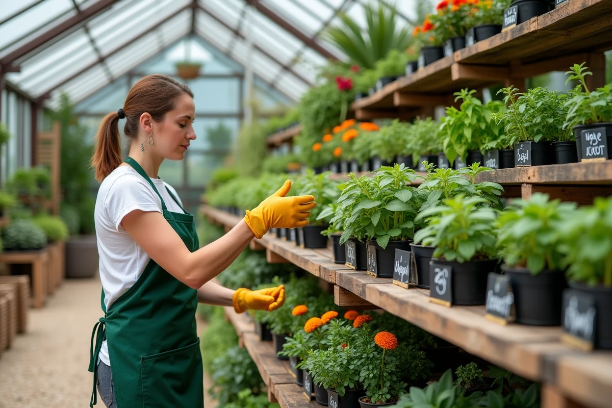 Employée de jardinerie arrangeant des plantes répulsives anti-mouches pour terrasse et restaurant dont basilic, menthe et œillets d'Inde