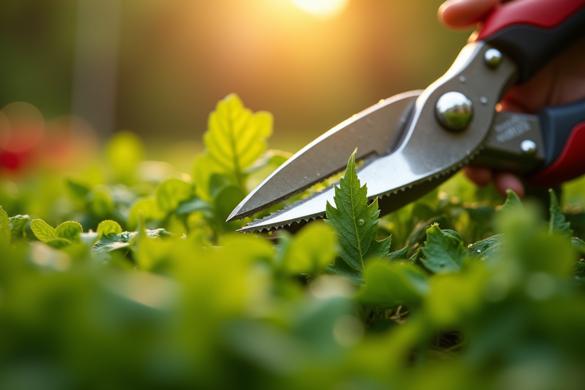 Cisailles coupant des brins d herbe avec des gouttes de rosée au soleil