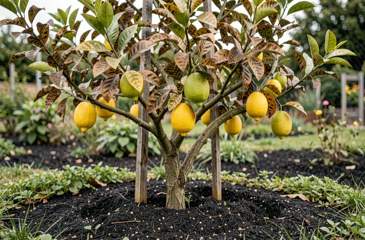 Citronnier bio en pleine terre avec feuilles atteintes de taches marron et fruits sains dans un jardin potager