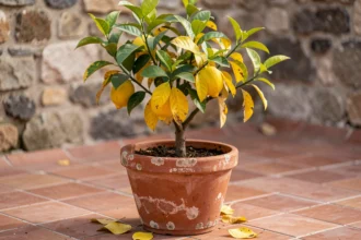 Citronnier en pot avec feuilles qui jaunissent et tombent sur une terrasse en carrelage de terre cuite
