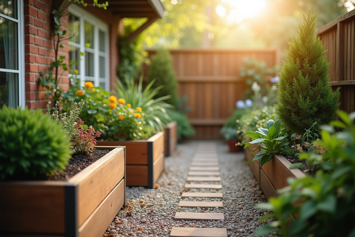Coin de jardin avec lits surélevés et plantes en matinée