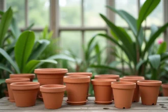 Collection de pots en terre cuite pour orchidées disposés sur un établi de rempotage en bois dans une serre, différentes tailles et formes avec trous de drainage visibles