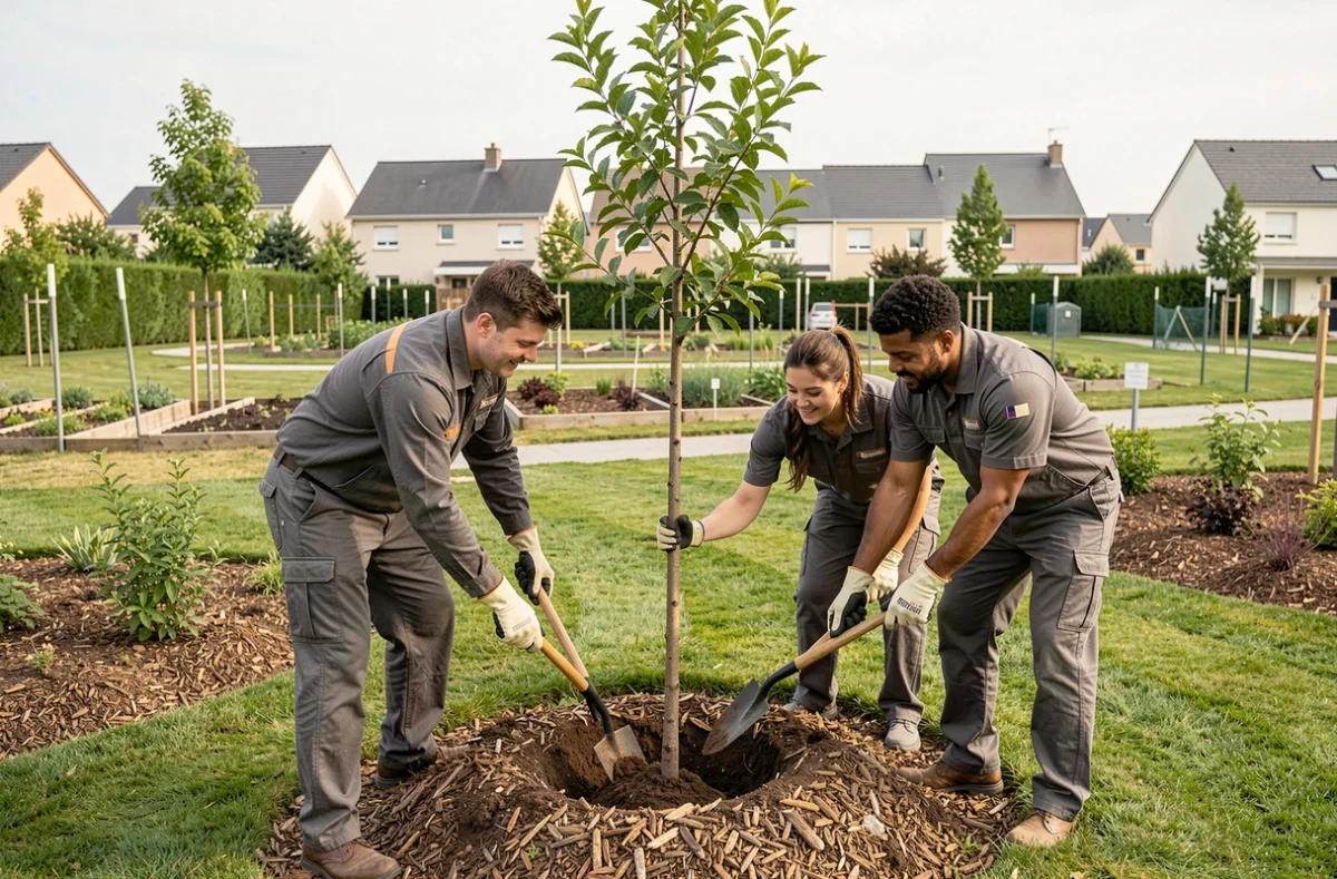 Équipe de travailleurs en insertion plantant un arbre dans un espace vert public à Brignais dans le cadre d'un projet de paysagisme solidaire