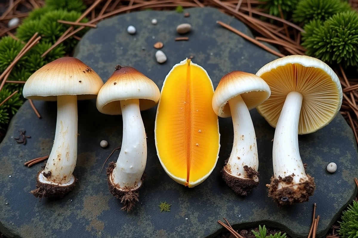 Comparaison de plusieurs bolets côte à côte sur pierre en forêt, mettant en évidence le jaunissement de la chair d'un spécimen suspect