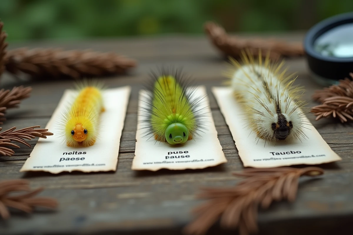 Comparaison de trois espèces de chenilles côte à côte sur une table naturaliste avec étiquettes d'identification, chenille jaune, verte et processionnaire