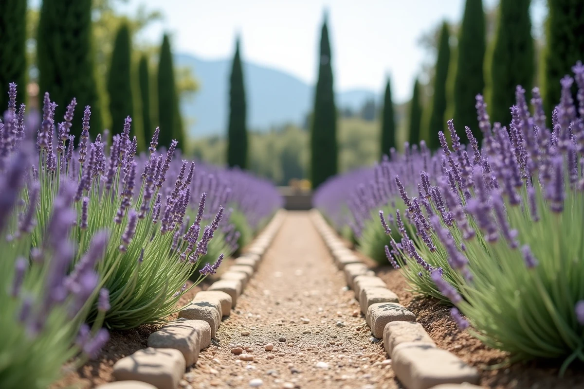 Comparaison de deux massifs de lavande avec des espacements de plantation différents montrant l'effet sur la floraison