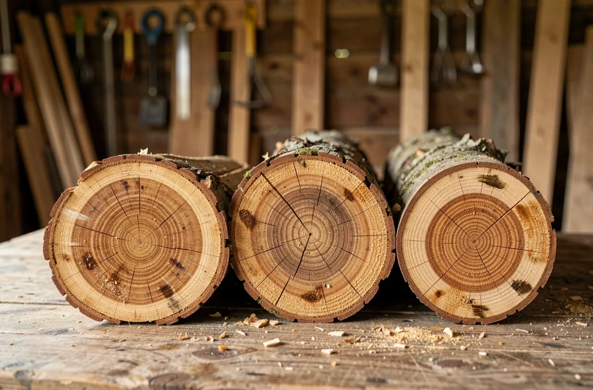 Comparaison de bûches de différentes longueurs posées sur un établi en bois dans une grange rustique
