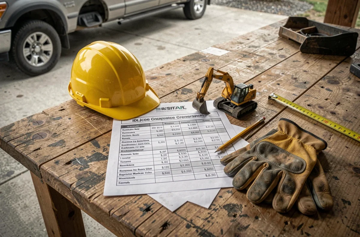 Comparaison de prix de location de mini pelle entre particulier et professionnel illustrée par des documents et outils de chantier