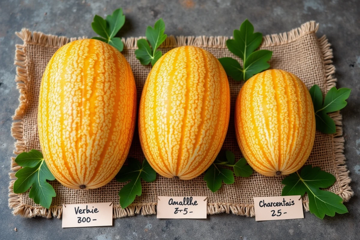 Comparaison de trois melons charentais de tailles différentes sur un étal de marché provençal, montrant l'impact de la taille sur la qualité gustative