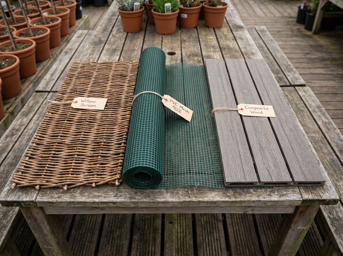 Comparaison de trois types de brise-vues pour jardin : osier tressé, grillage PVC vert et lame composite bois sur une table en bois