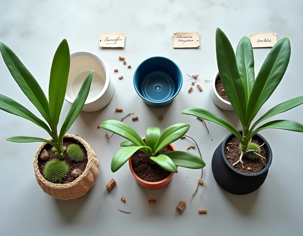 Vue de dessus de cinq types de pots pour orchidées sur surface en béton gris : pot transparent, céramique, panier en osier, terre cuite et pot filet, entourés d'écorce et de mousse sphaigne