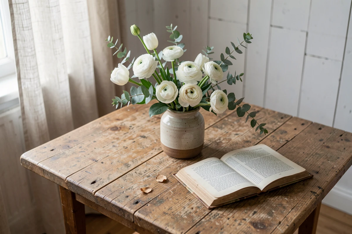 Composition florale de tulipes et renoncules blanches dans un vase en céramique sur une table en bois rustique, évoquant la pureté et le message secret des fleurs blanches