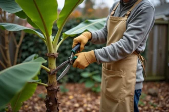 Jardinière coupant les feuilles d'un bananier en automne pour préparer l'hiver dans un jardin résidentiel