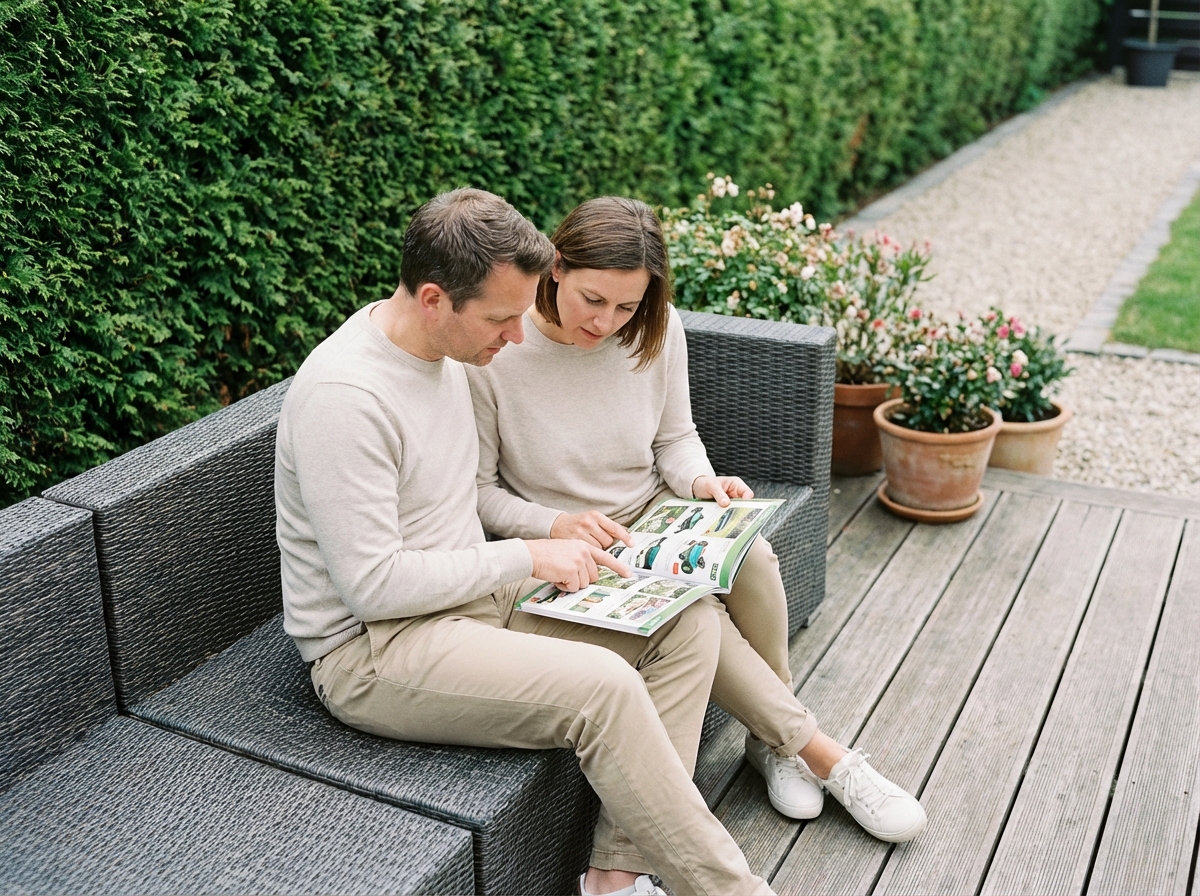 Jeune couple discutant sur un canapé de jardin moderne