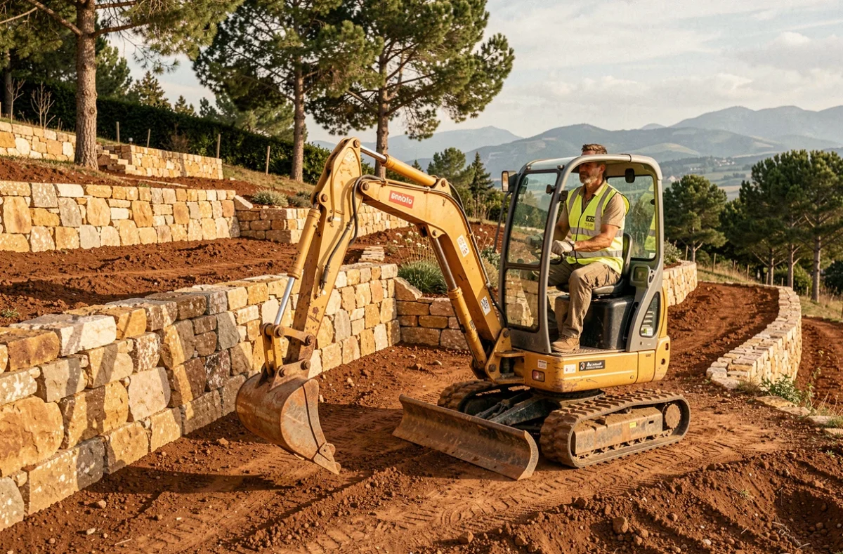 Paysagiste utilisant une mini-pelle pour réaliser un terrassement avec création de murs en pierres naturelles en Rhône-Alpes
