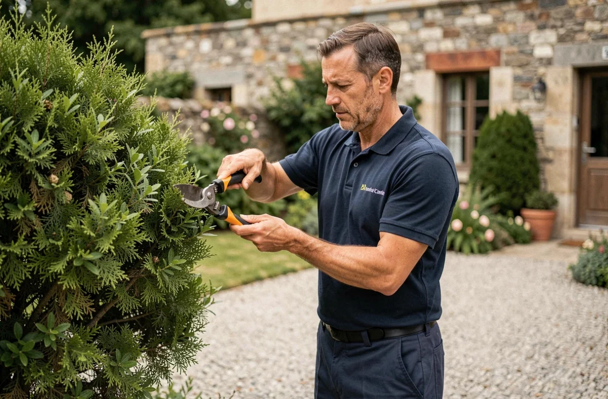 Un paysagiste de Daniel Paysage taille un arbuste ornemental dans un jardin résidentiel en Charente-Maritime