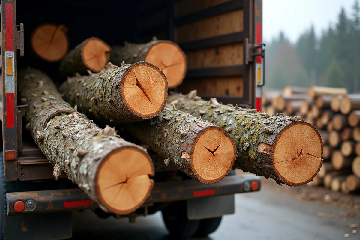 Déchargement de grumes de bois depuis un camion dans un dépôt de bois de chauffage rustique