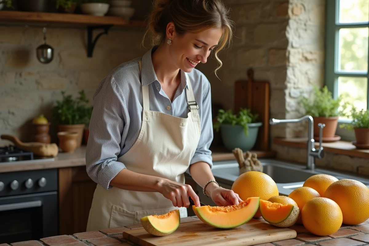 Femme coupant un melon charentais dans une cuisine rustique française, révélant la chair orange et juteuse liée à la taille optimale du fruit
