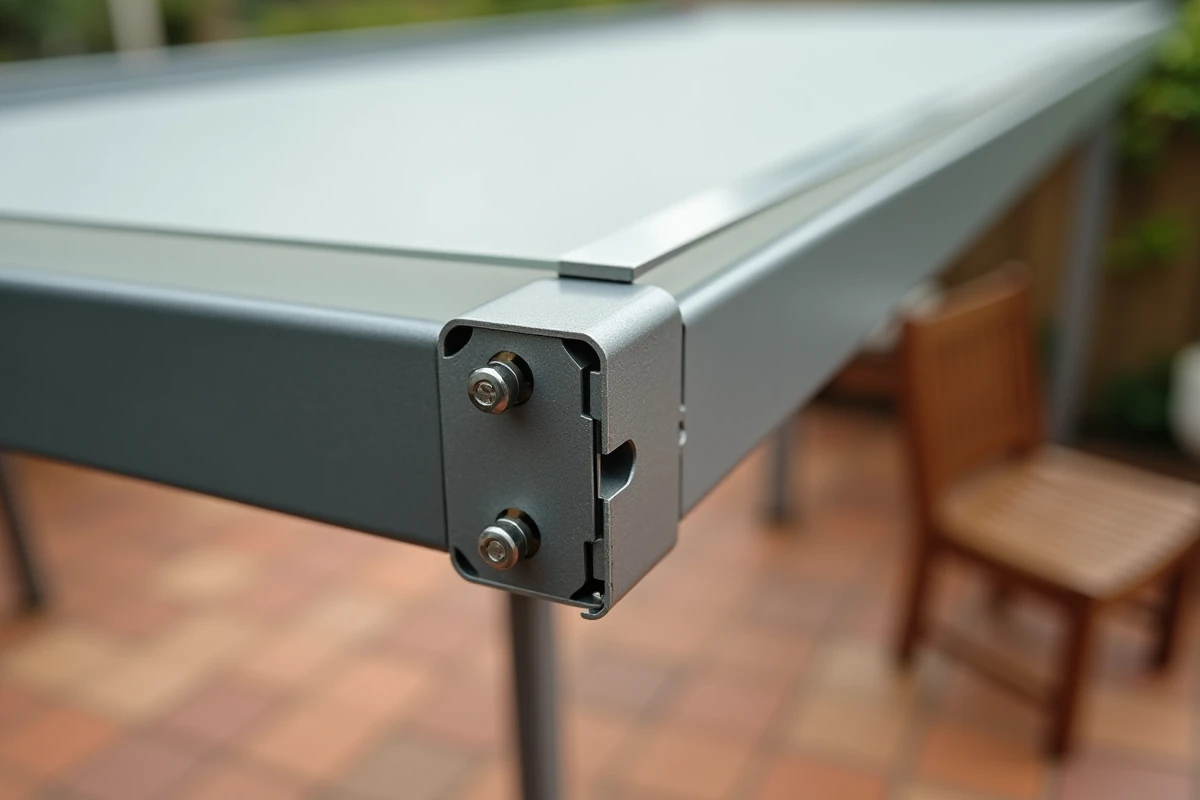 Détail de l'assemblage d'un angle de pergola aluminium avec vis inox et panneau polycarbonate montrant la durabilité des matériaux