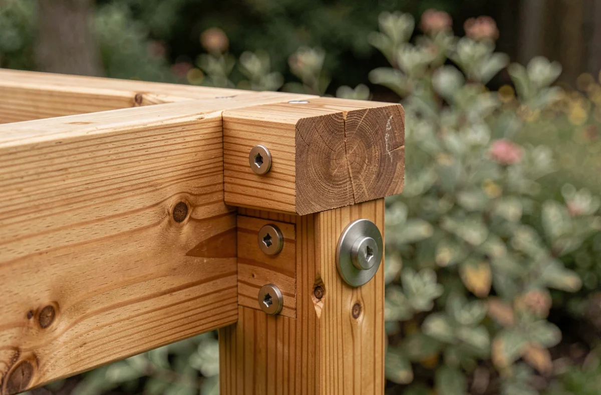 Détail d'assemblage en tenon et mortaise d'une pergola en bois avec finition à l'huile mate et quincaillerie en acier inoxydable brossé