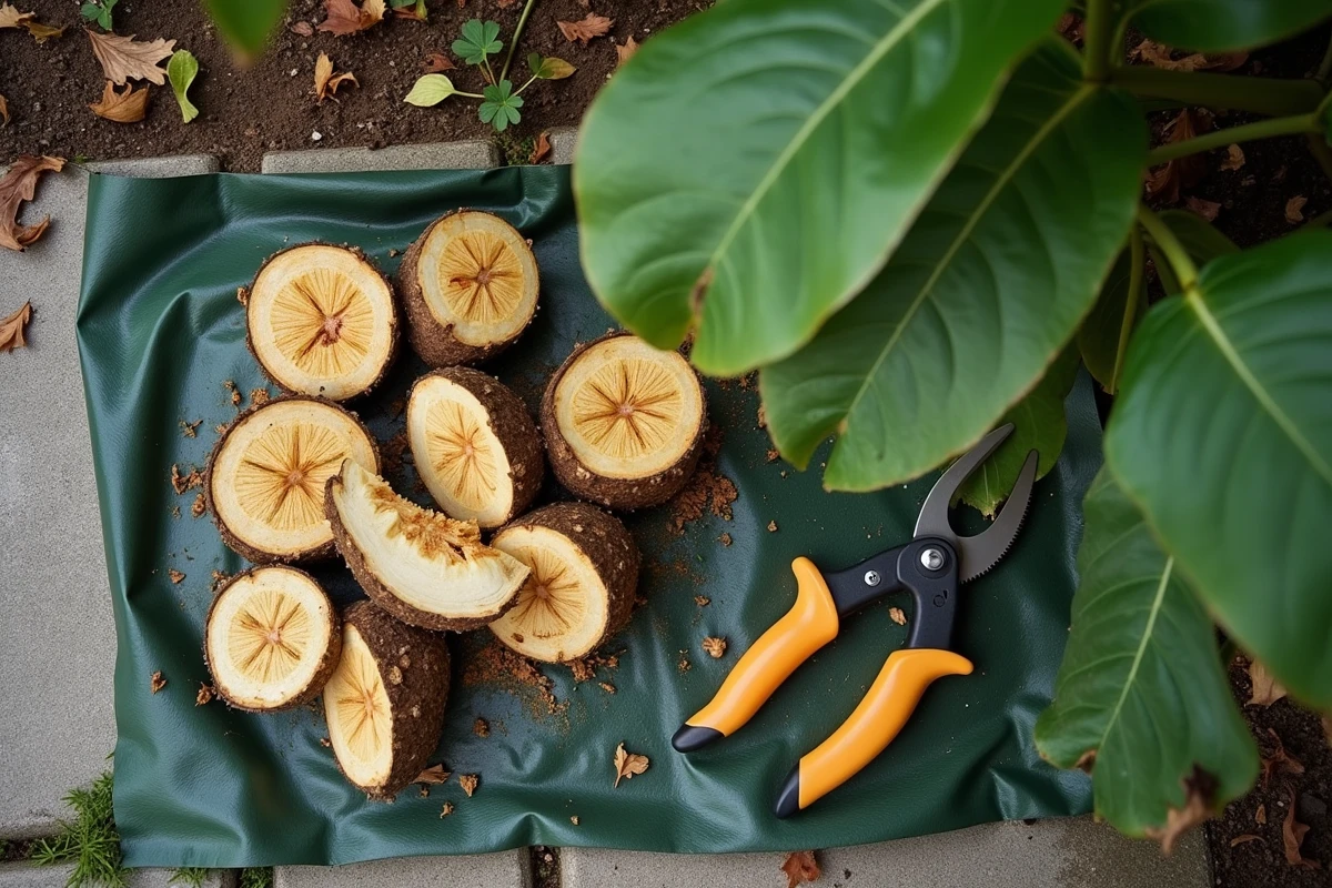 Gros plan des tiges et feuilles de bananier coupées avec sécateur et scie posés sur une bâche de jardin en automne