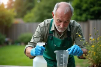 Jardinier mesurant le dosage de Roundup dans un verre gradué pour préparer un litre d'eau herbicide