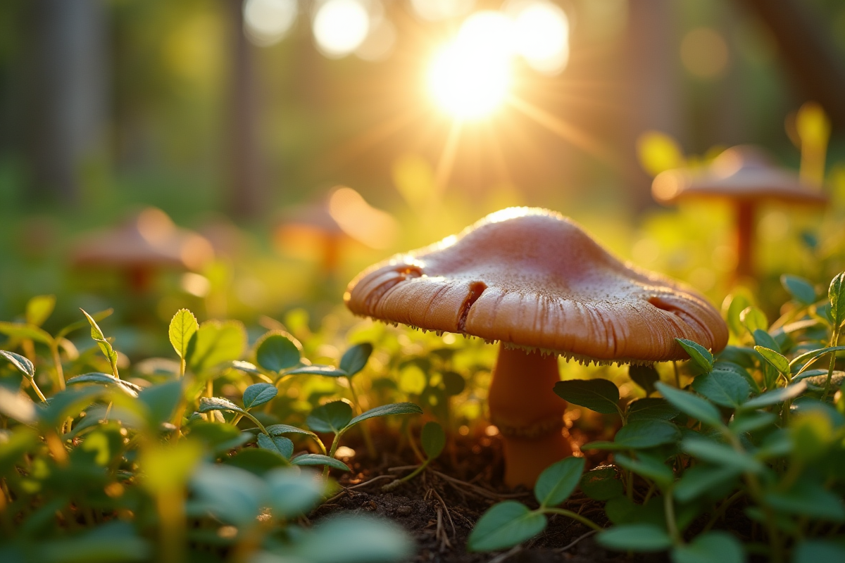 Ecosysteme de jardin avec champignons chanterelles en lumière naturelle