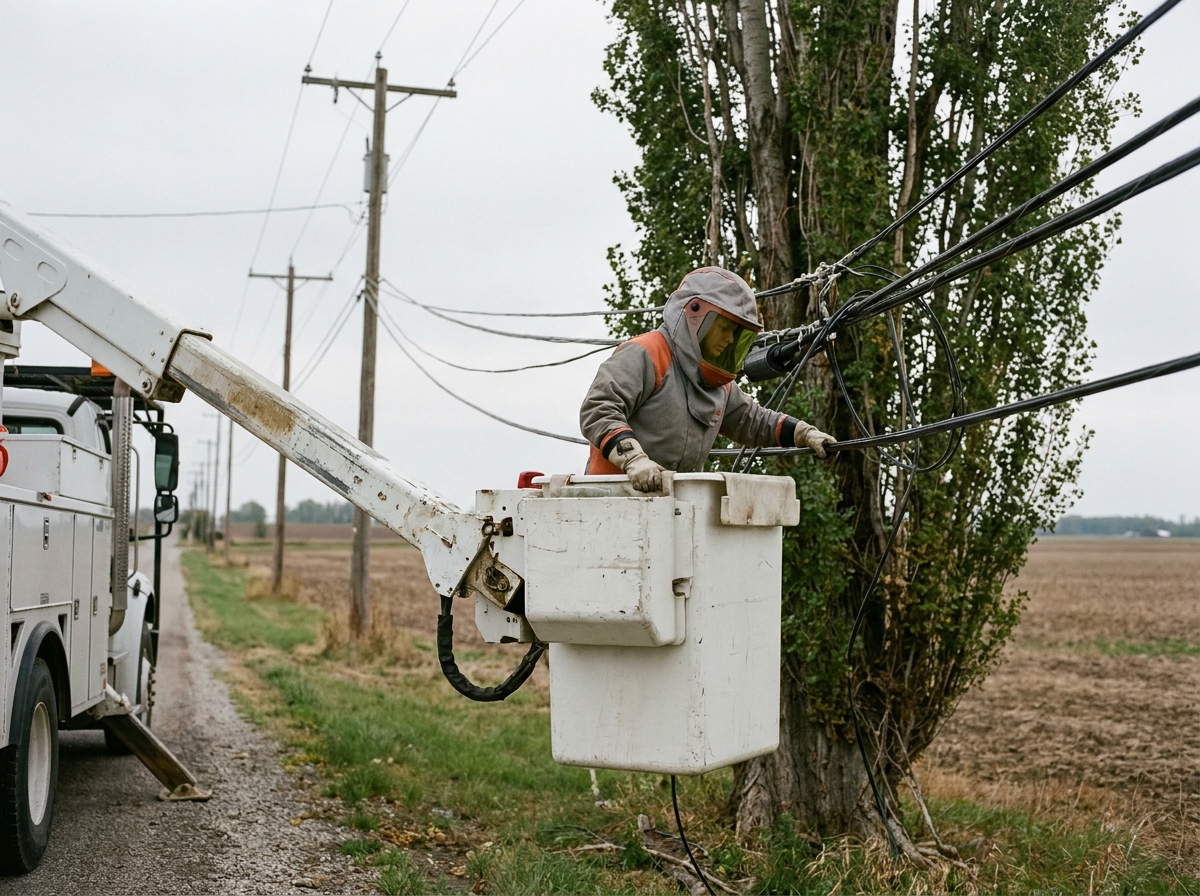 Travailleuse en nacelle isolée procédant à l'élagage sécurisé d'un peuplier enchevêtré dans des câbles électriques en milieu rural
