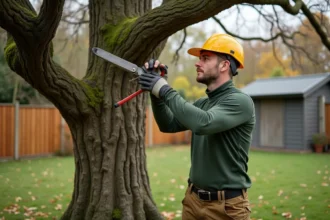 Élagueur professionnel taillant une branche de chêne dans un jardin en automne avec des cisailles de jardinage