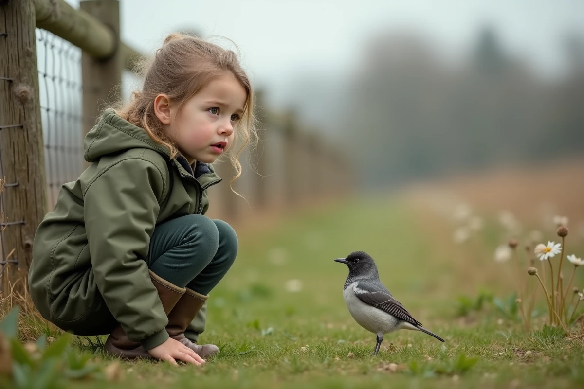 Enfant observant un petit oiseau gris et blanc dans un pré lors d'une sortie nature en famille