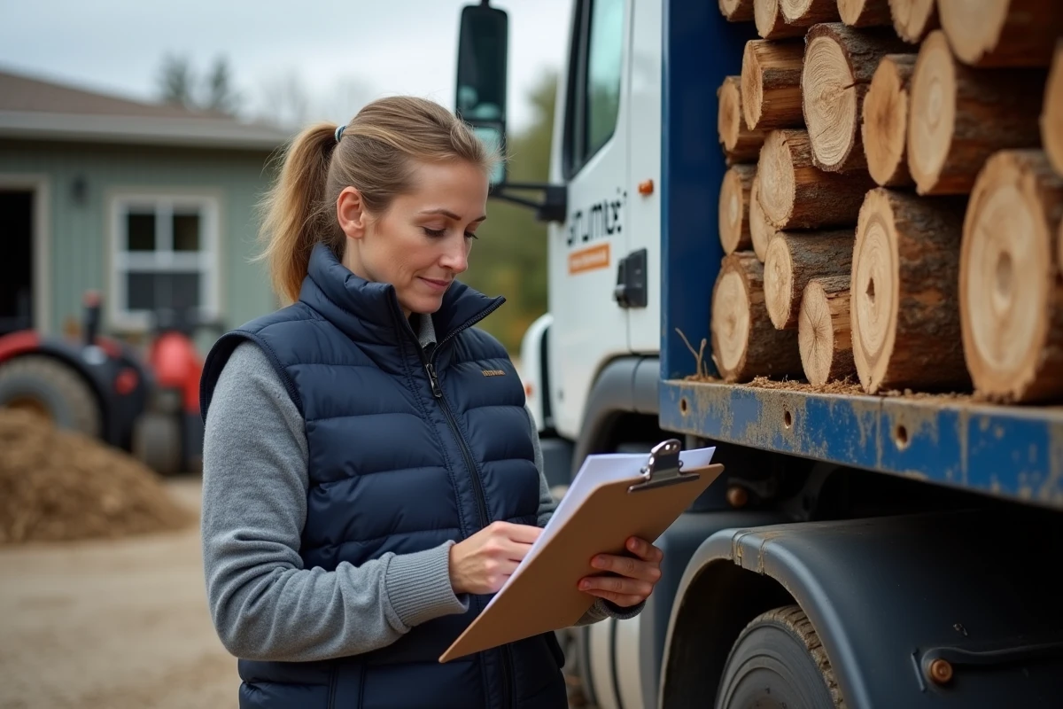 Femme entrepreneur vérifiant une facture de livraison de bois de chauffage en grume devant un camion chargé