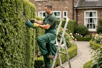 Professionnel en tenue de travail taillant une haie de buis avec un taille-haie électrique dans un jardin soigné