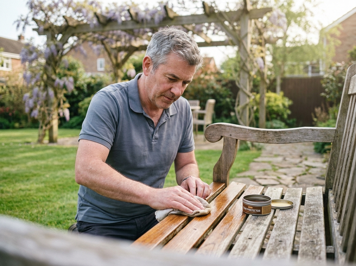 Homme appliquant une huile protectrice sur un banc de jardin en teck sous une pergola fleurie