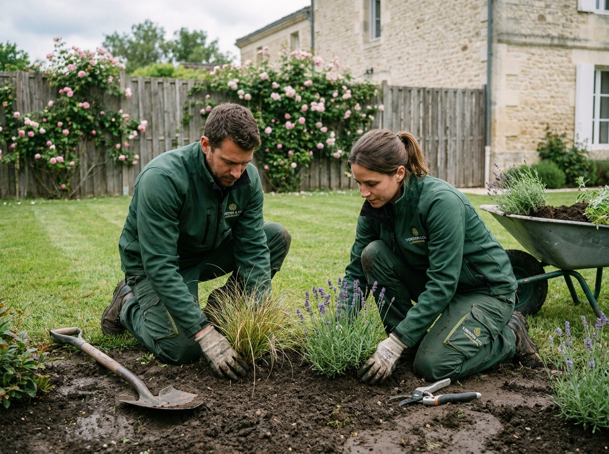 Équipe de paysagistes en train de planter des végétaux dans un jardin résidentiel à Bordeaux avec outils et bordures fraîchement tracées
