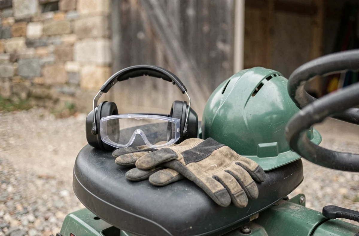 Équipements de protection pour débroussailleuse autoportée posés sur le siège de la machine : gants anti-vibration, casque, lunettes et protège-oreilles