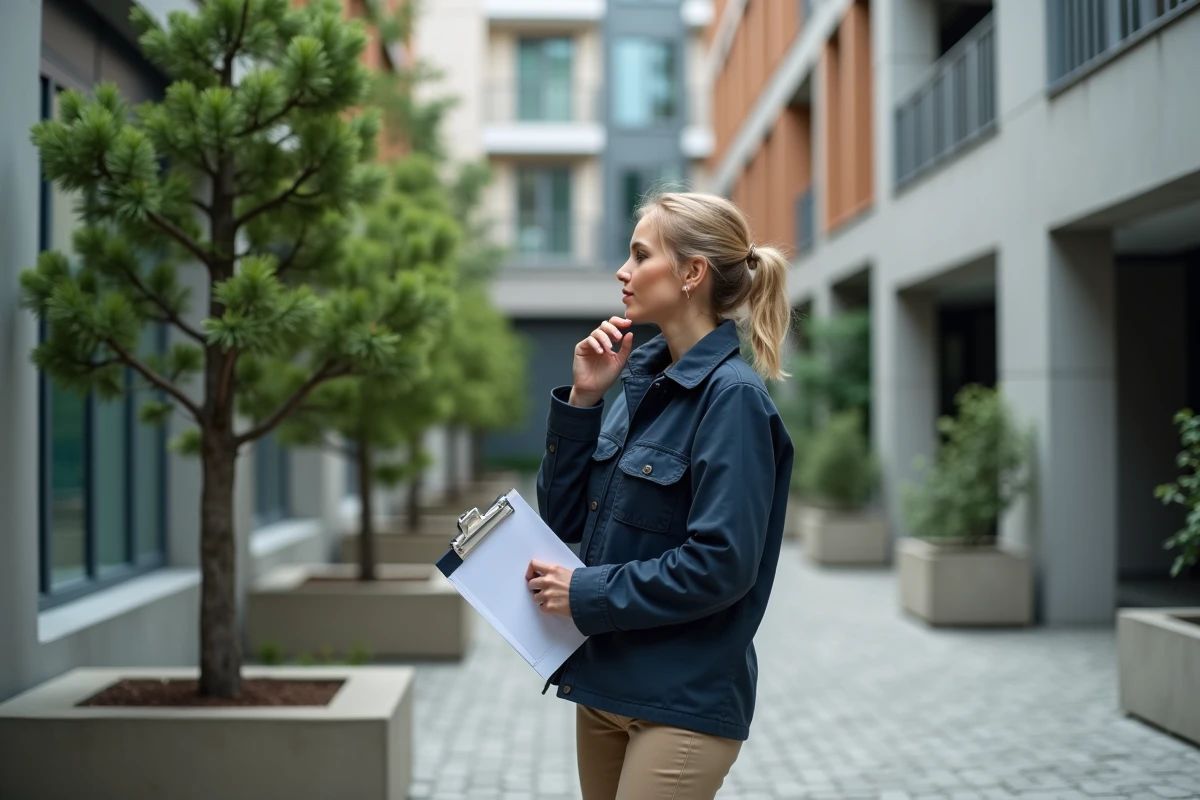 Femme experte en élagage inspectant un arbre ornemental taillé dans une cour urbaine moderne