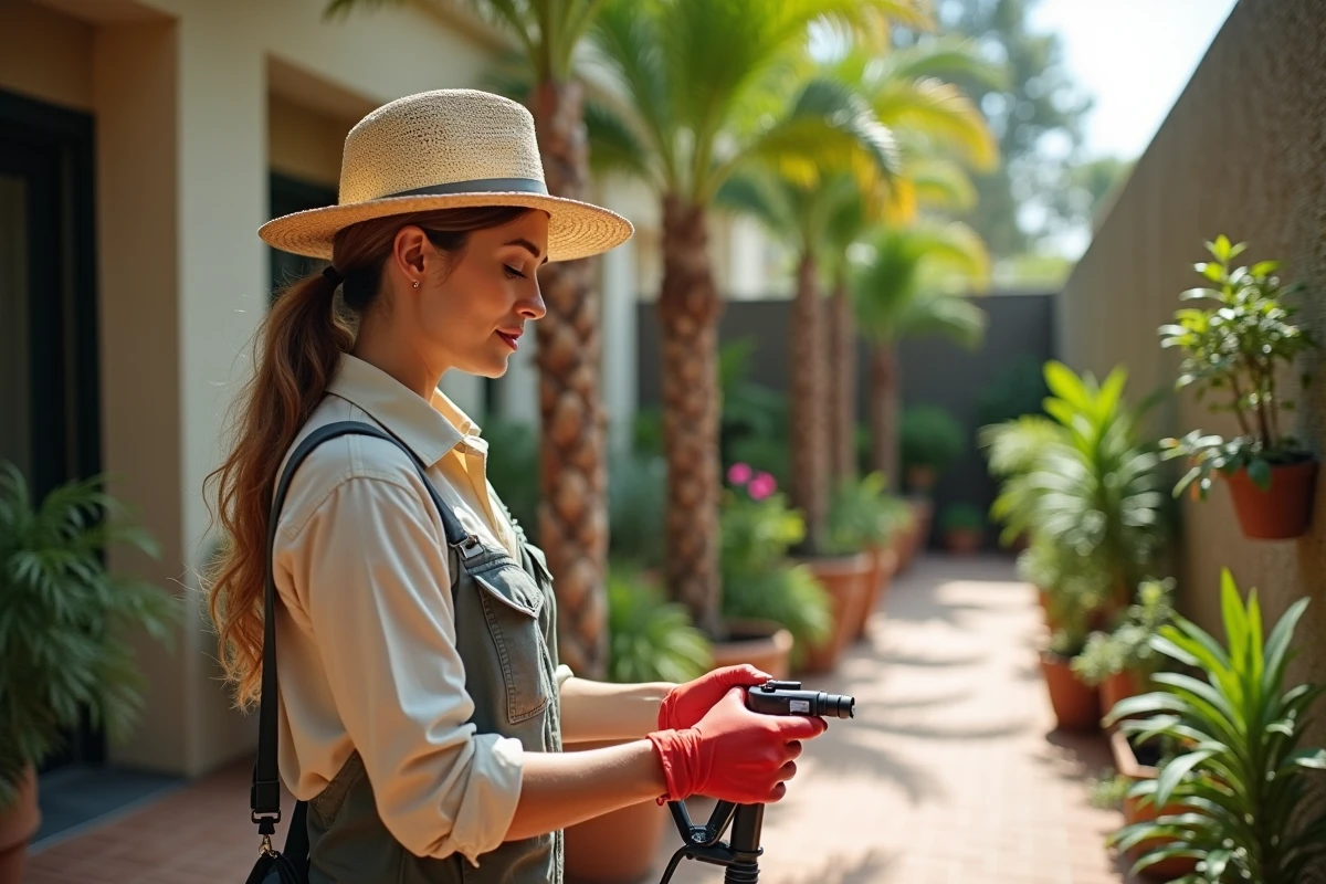 Experte en horticulture versant un traitement sur des palmiers