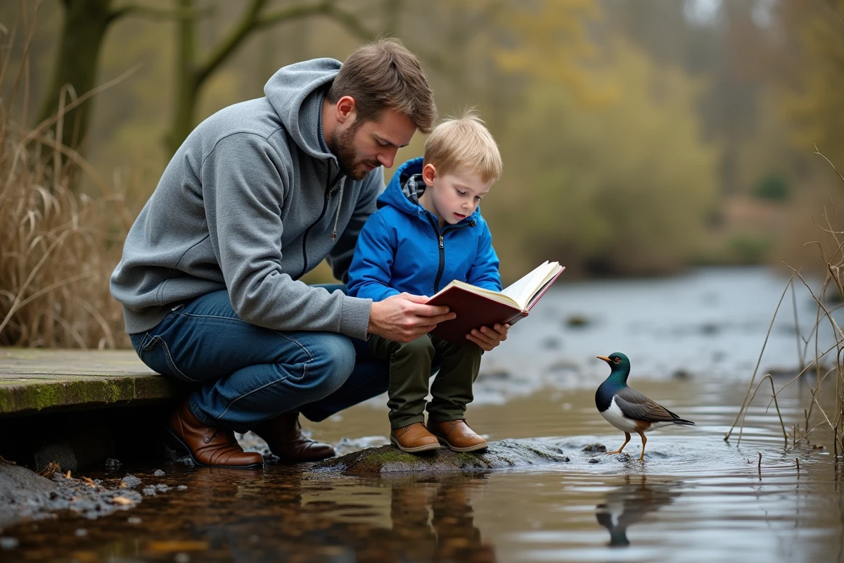 Père et fils observant un petit oiseau gris au bord d'un ruisseau lors d'une sortie nature éducative