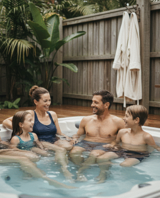 Famille de quatre profitant d'un spa extérieur en famille