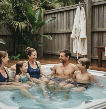 Convivialité et détente : le spa 4 places séduit les familles Famille de quatre profitant d'un spa extérieur en famille