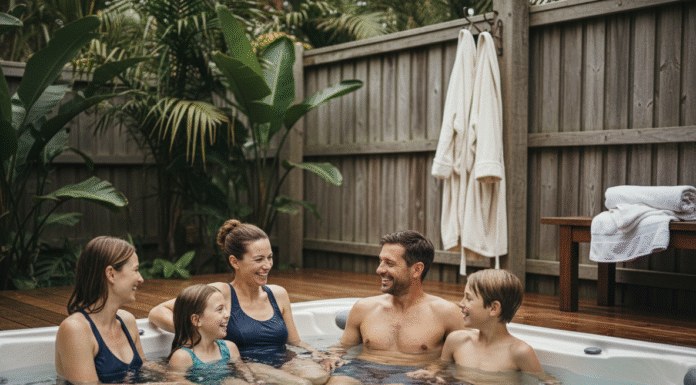 Famille de quatre profitant d'un spa extérieur en famille