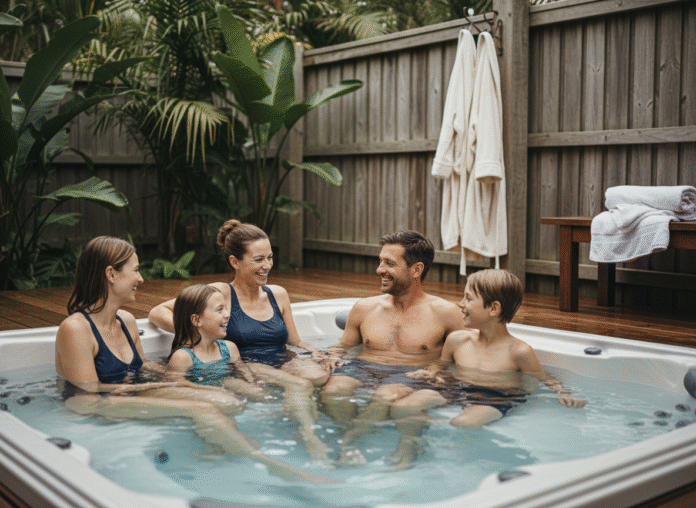 famille-spa-exterieur Famille de quatre profitant d'un spa extérieur en famille