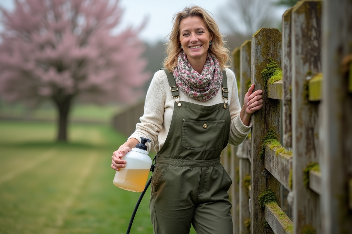 Femme souriante appliquant du vinaigre sur du bois mousseux