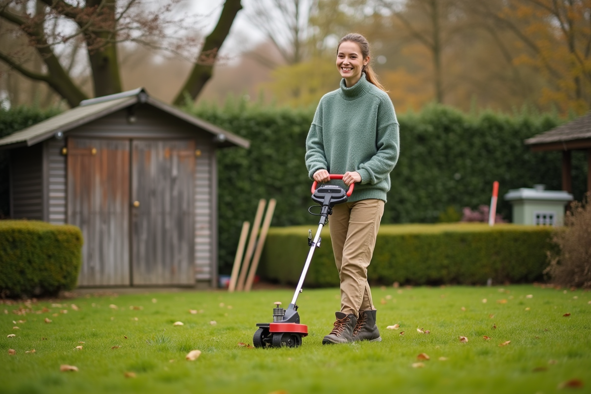 Jeune femme poussant un scarificateur dans un jardin automnal