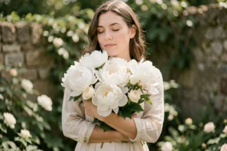 Femme tenant un bouquet de pivoines et roses blanches dans un jardin botanique, symbolisant l'amour pur et la douceur des fleurs blanches