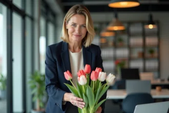 Femme en blazer marine arrangeant un bouquet de tulipes rouges et blanches sur un bureau de bureau moderne
